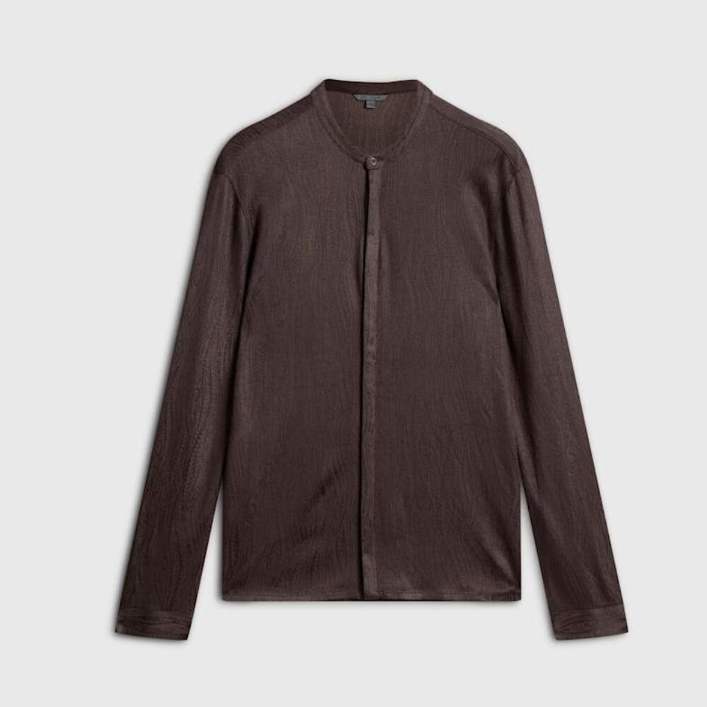 John Varvatos “Otavio” Stand-Collar Stretch Wave Button-Up Shirt Brown – Men’s L